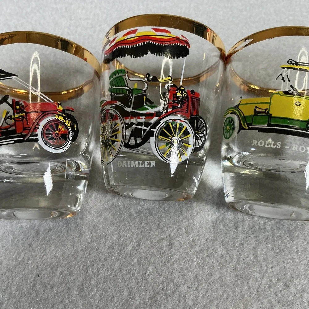 Vintage Car Shot Glass Set Gold Rim Barware 5pc Retro Auto Design‎